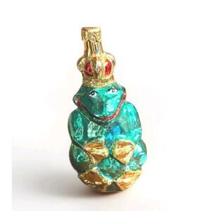 Polish Glass Frog King Ornament Dept 56 Crowned Prince Christmas Mardi Gras Vtg
